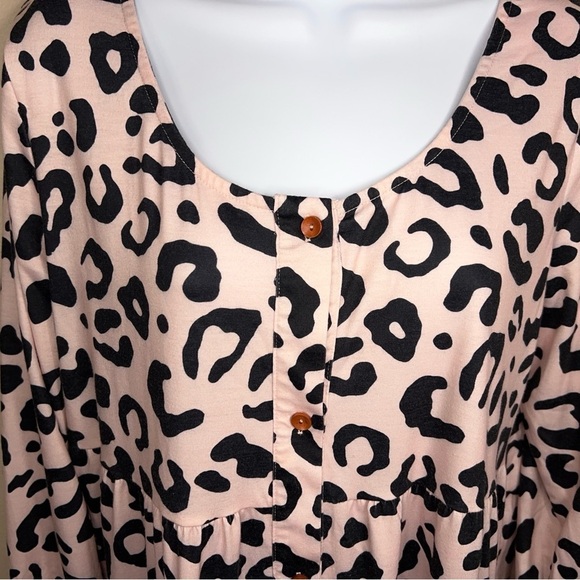 LARGE LEOPARD PRINT TUNIC DRESS TOP RUFFLE LONG SLEEVE STRETCH BLACK CREAM/PINK - Picture 10 of 12